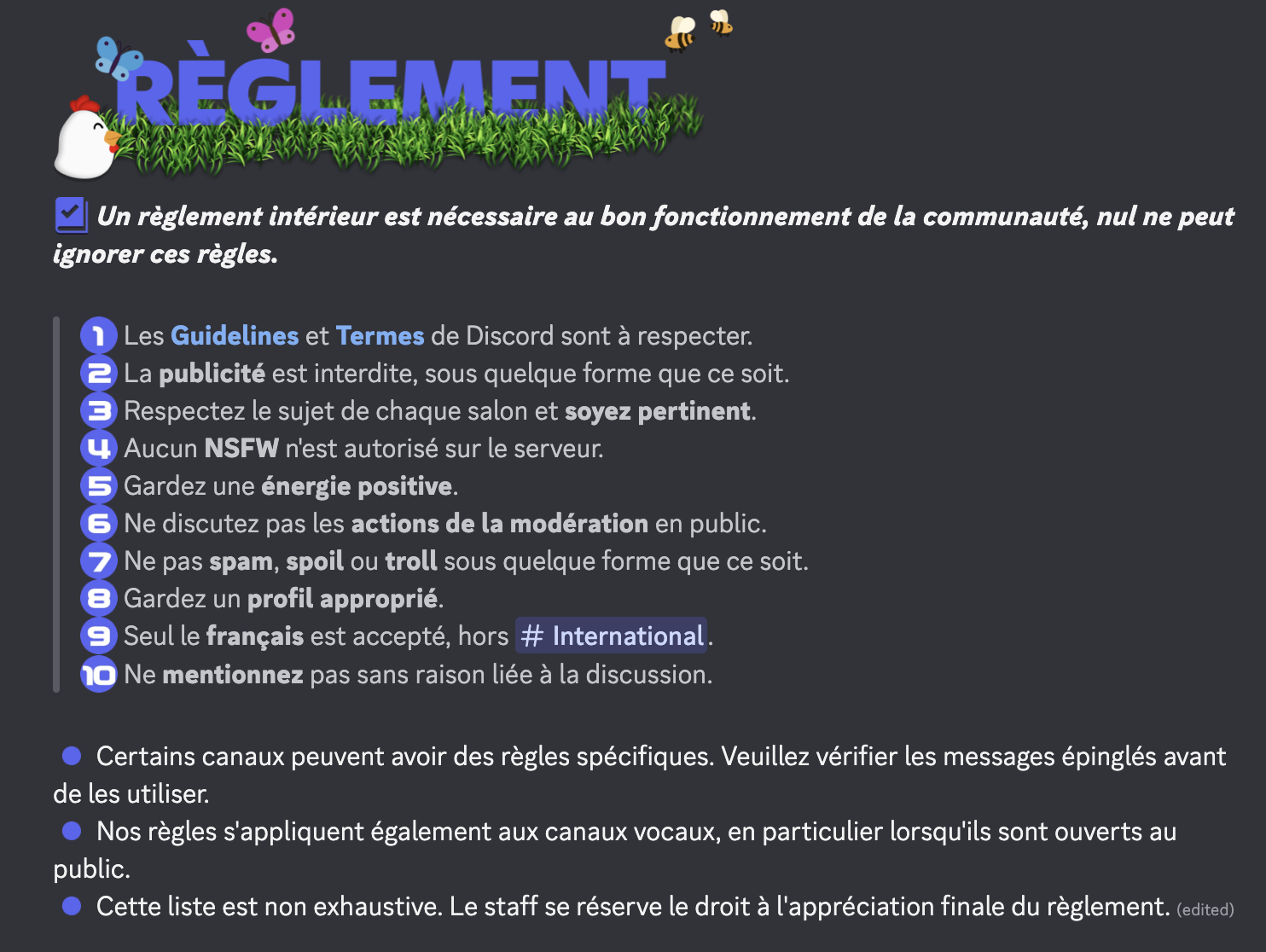 Le règlement de Slash FR : dix règles courtes et numérotées, une ligne chacune, suivies de trois précisions générales